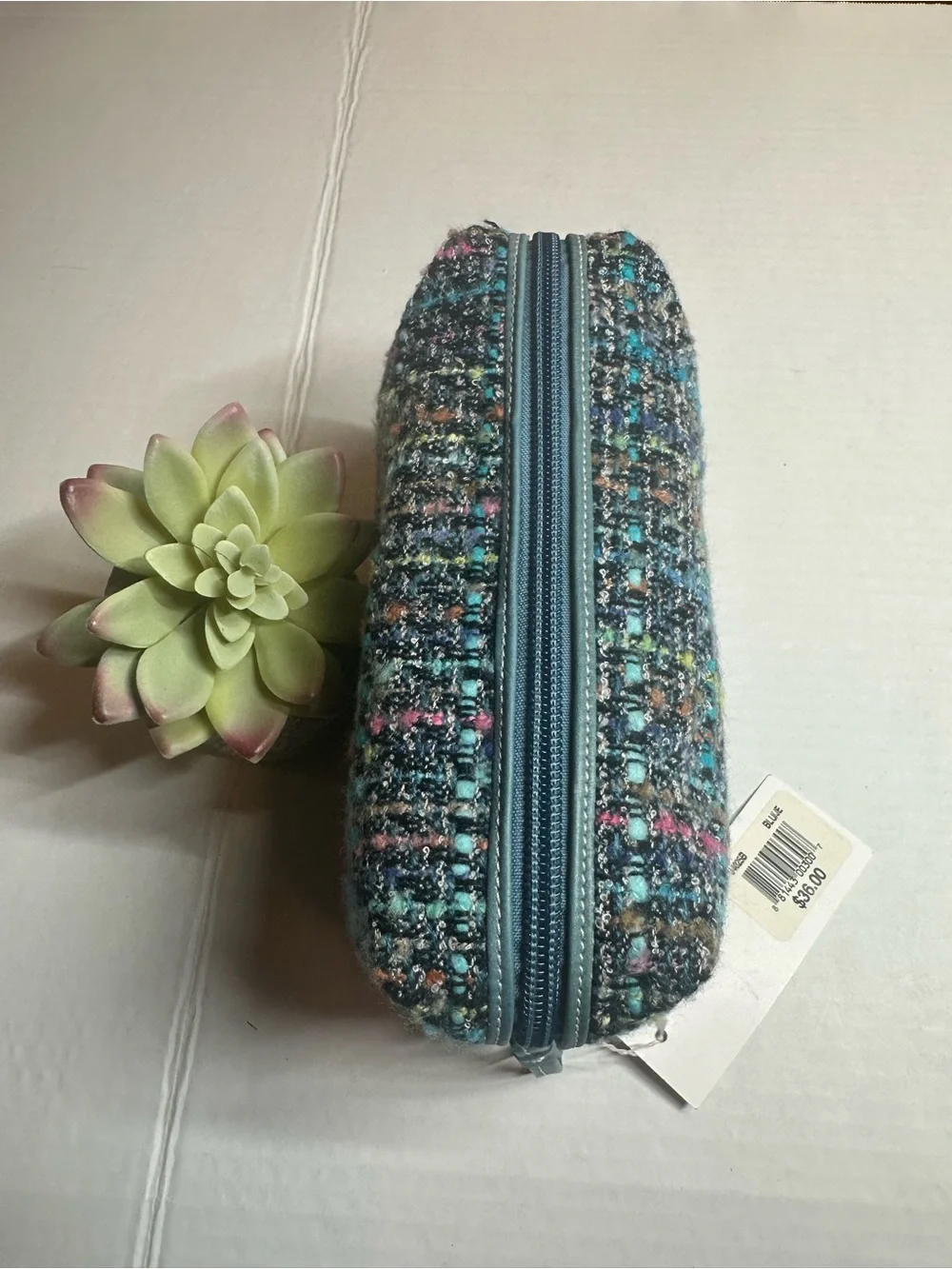 Aqua Blue Multi Tweed Cosmetic Bag